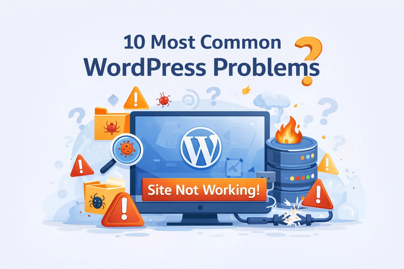 10 most common WordPress problems list including hacked site slow website plugin conflicts and errors