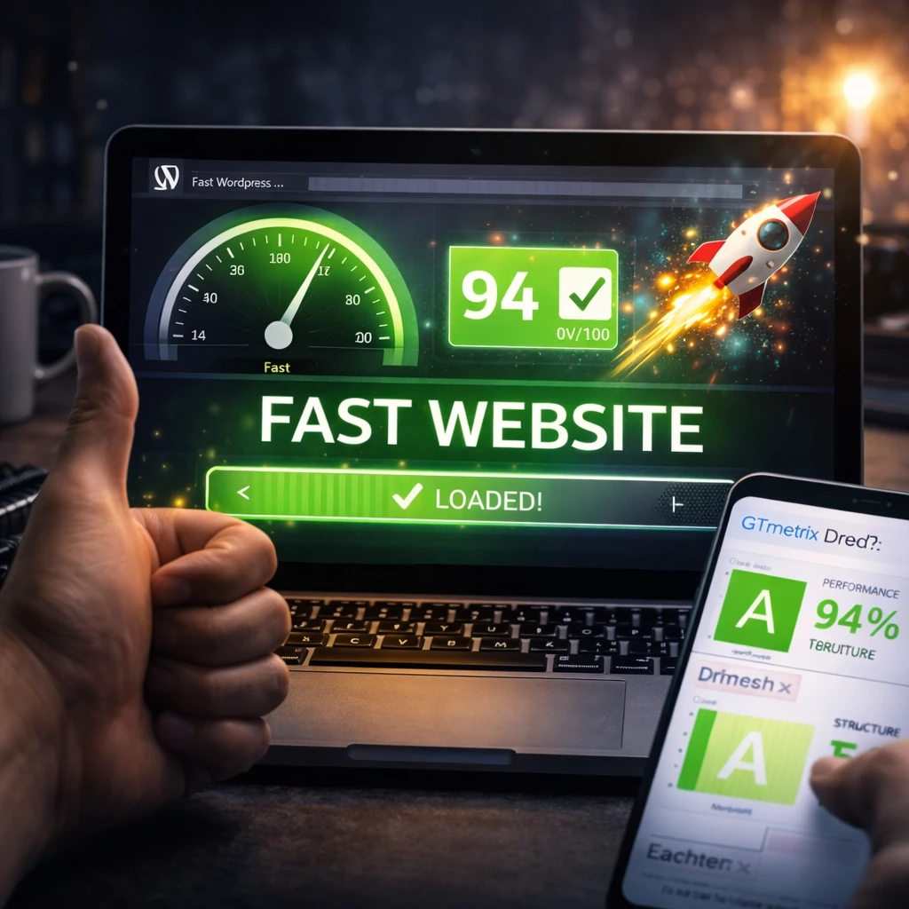 Fast WordPress website showing high speed score and improved performance after optimization