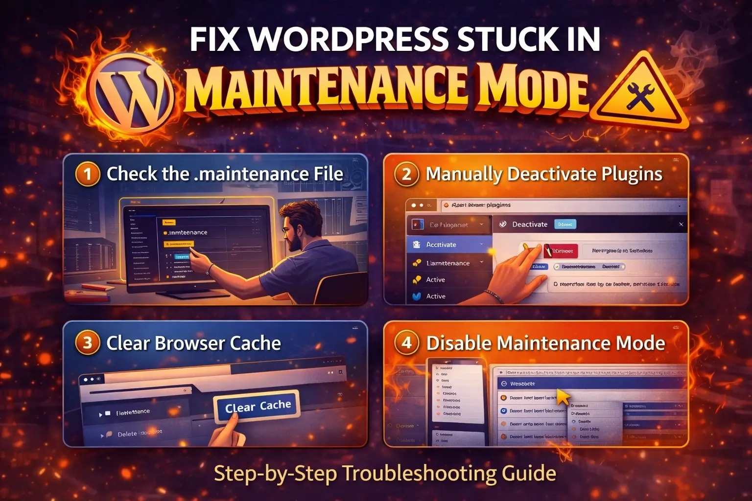 step by step guide showing how to fix wordpress stuck in maintenance mode including checking maintenance file disabling plugins and clearing cache