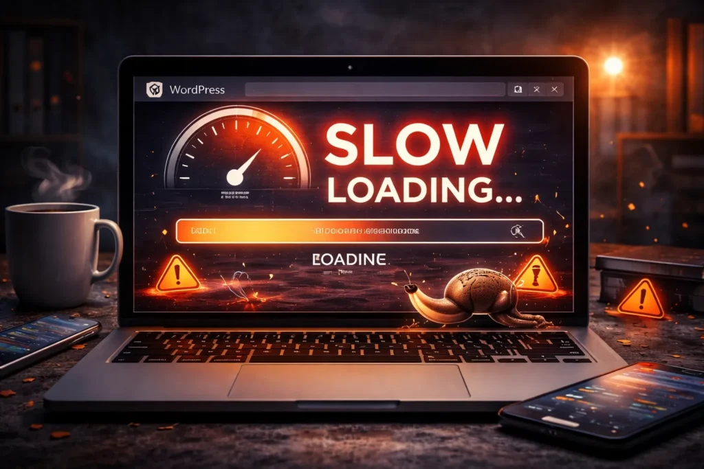 Slow WordPress website loading speed with laptop showing loading delay and performance issues