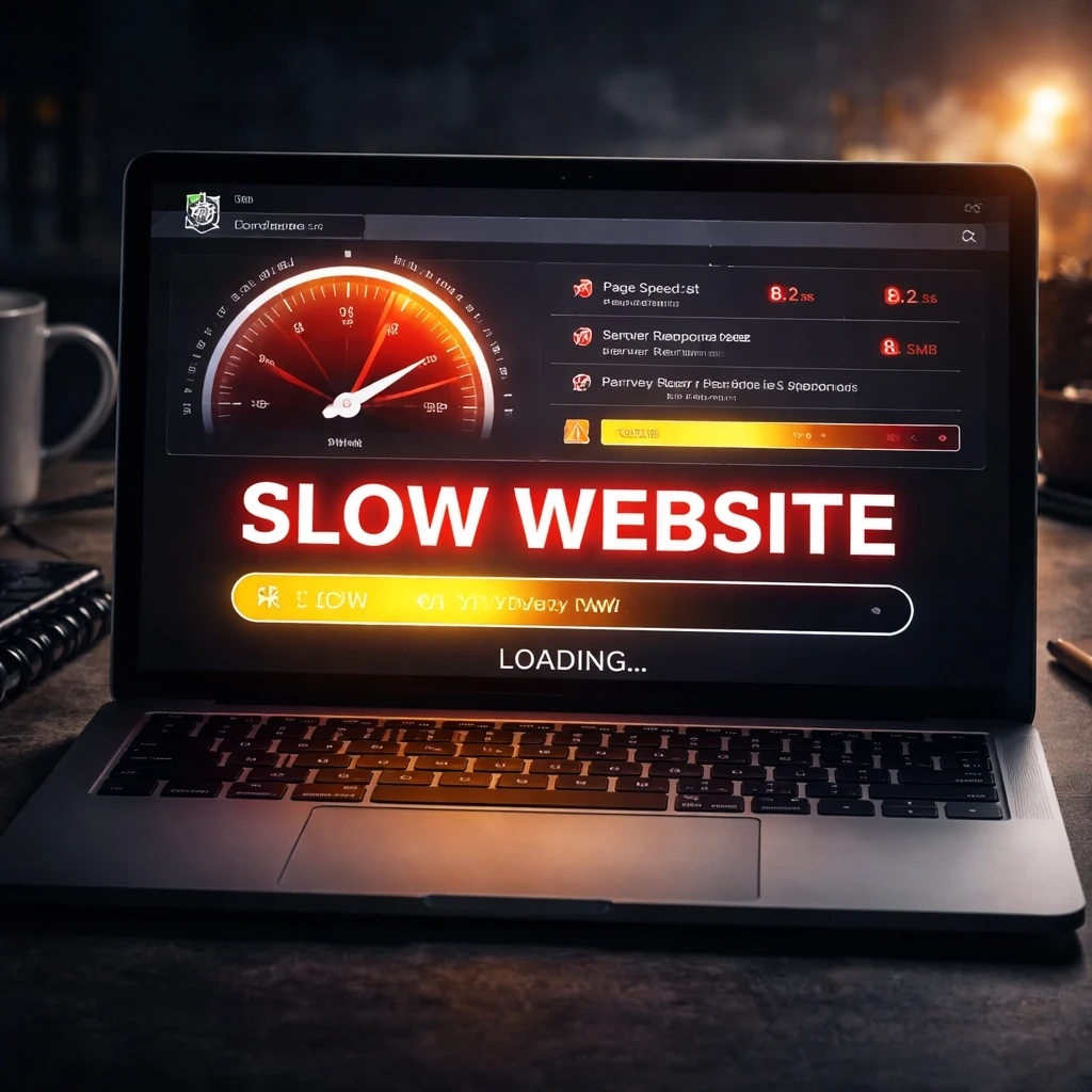 Slow WordPress website showing loading delay and poor performance speed test