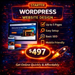 Starter WordPress Website Design package for $497 including up to 5 pages, mobile-friendly design, easy setup, and basic SEO by WordPress Repair Pro