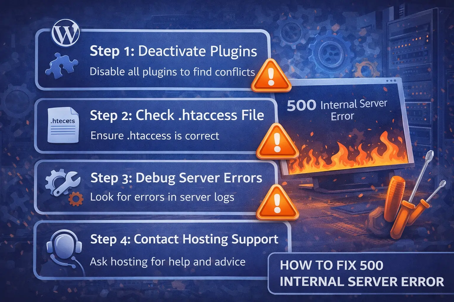 wordpress 500 internal server error fix steps checklist disable plugins check htaccess debug server contact hosting