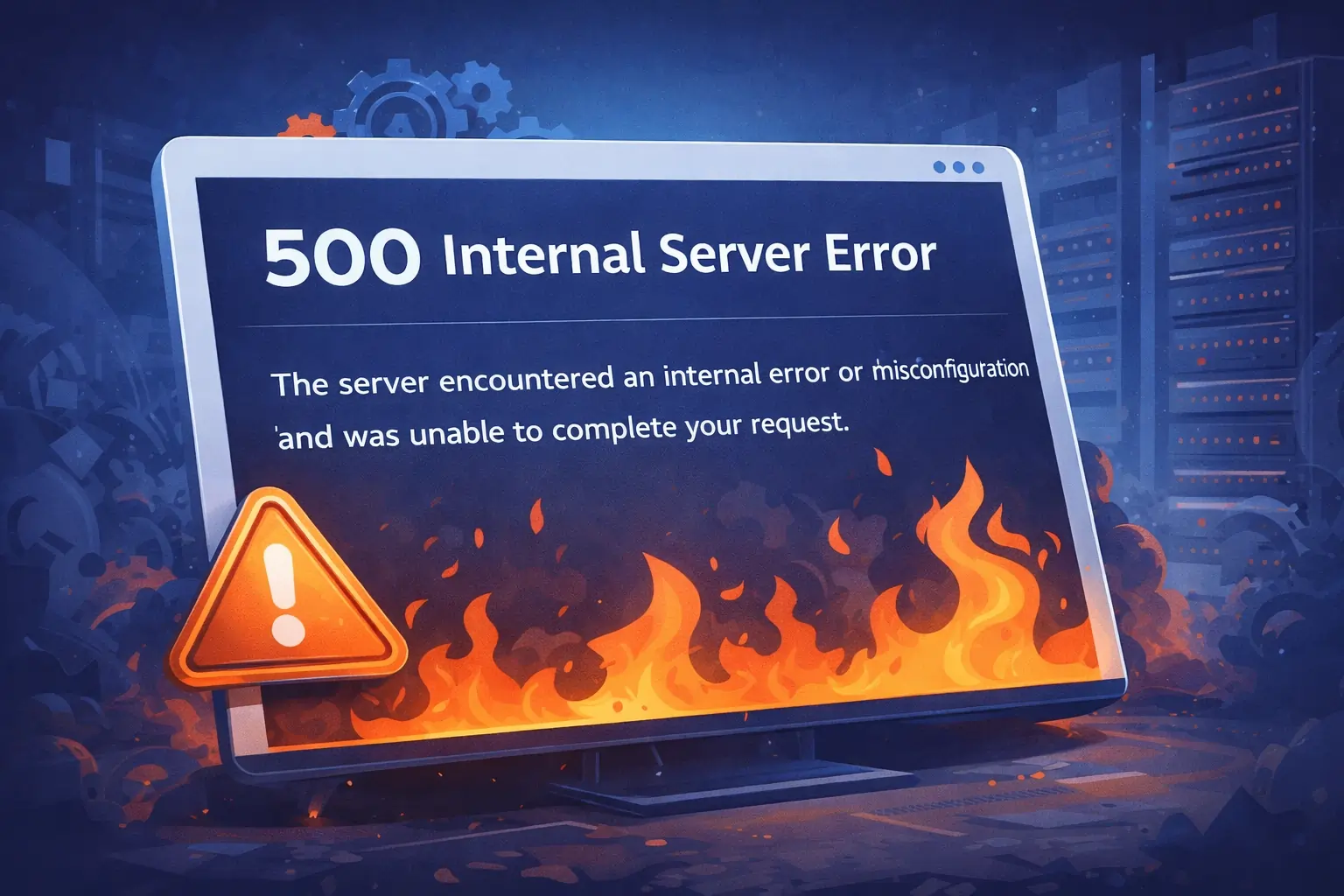 wordpress 500 internal server error screen with warning sign and website crash illustration
