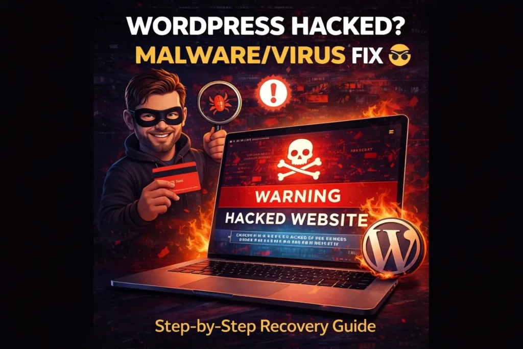 WordPress hacked website warning on laptop screen with malware and virus infection alert and step-by-step recovery guide