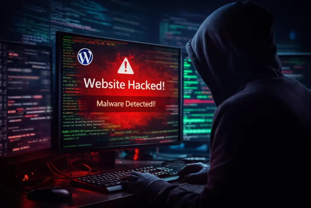 Hacker attacking a WordPress website showing malware warning and hacked site alert