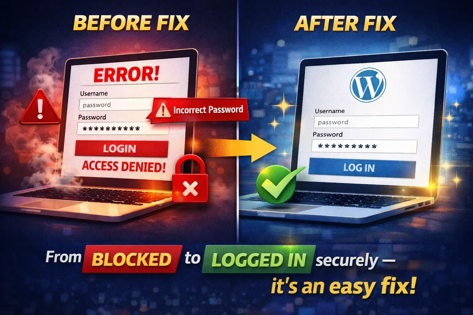wordpress login error before after fix