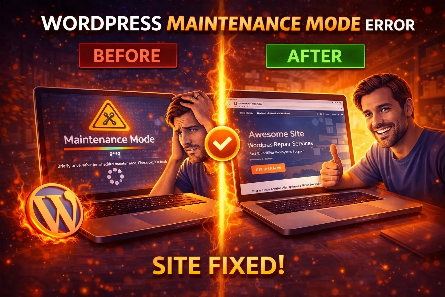before and after comparison of wordpress maintenance mode error showing broken website and fixed site after troubleshooting