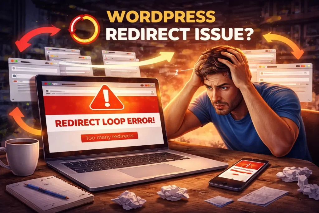 WordPress redirect loop error too many redirects shown on laptop with frustrated user