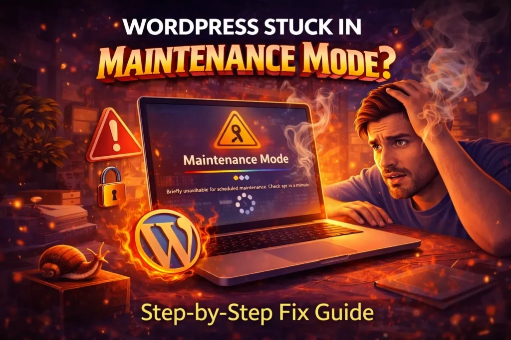 WordPress stuck in maintenance mode error shown on laptop with warning icons and frustrated user troubleshooting website issue