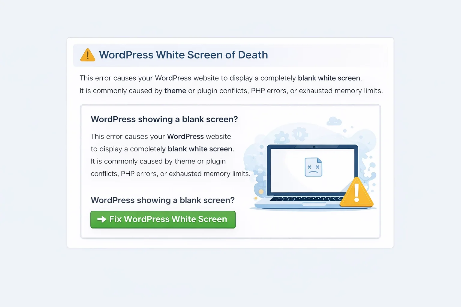 wordpress white screen of death blank website error caused by plugin or theme issues